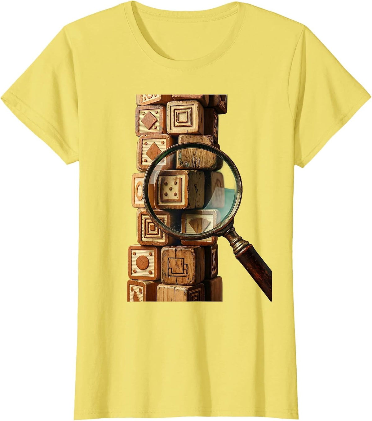 Women's Alphabet Blocks Magnifying Glass SLP Design T-Shirt - Lemon Yellow