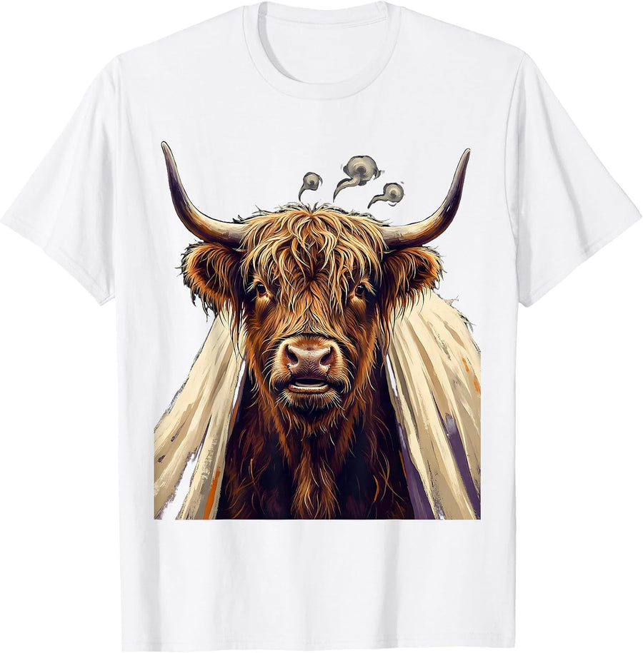 Men's Shaggy Highland Cow Ghost Sheet Halloween Humor T-Shirt - White