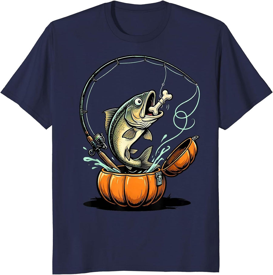 Cartoon Trout Ghost Pumpkin Halloween Fishing Gift T-Shirt - Navy Blue