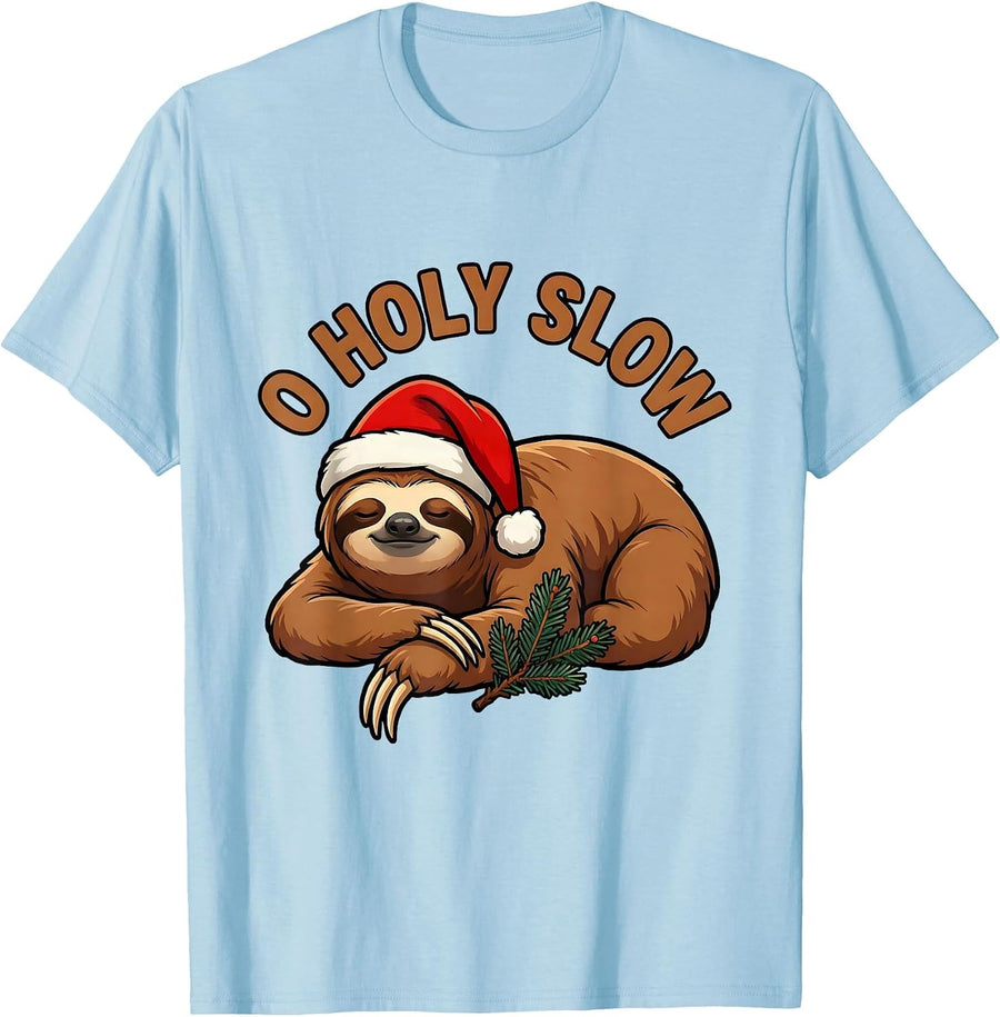 Men's O Holy Slow Funny Sloth Lover Christmas Ugly Sweater Humor T-Shirt - Baby Blue