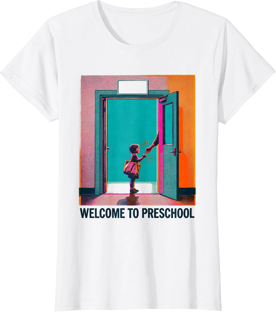 Women's Welcome To Preschool Risograph Playful Teacher Appreciation T-Shirt - White