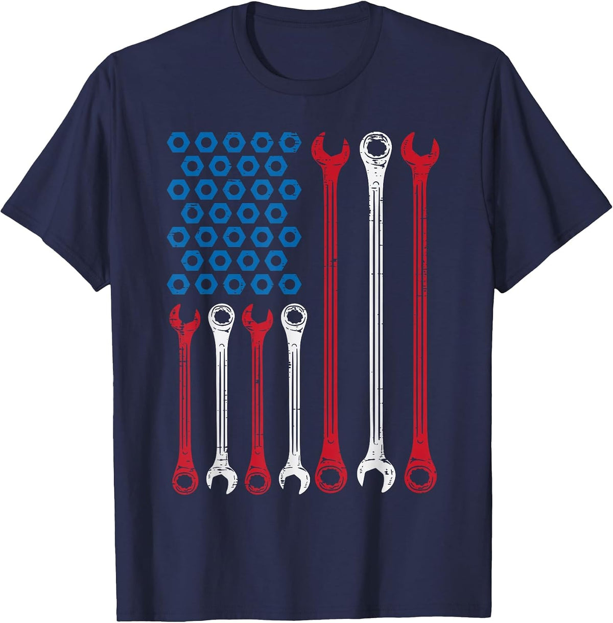 Wrench Flag Vintage Fathers Day Patriotic Mechanic Dad Men T-Shirt - Navy Blue