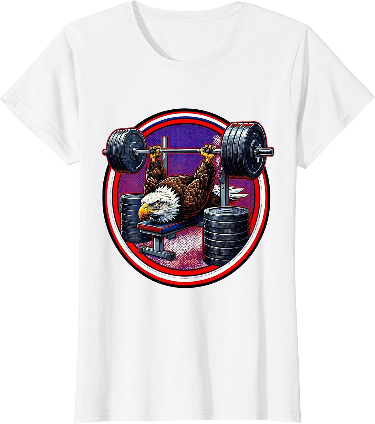 Bald Eagle Bench Press Funny Weightlifting Graphic T-Shirt - White