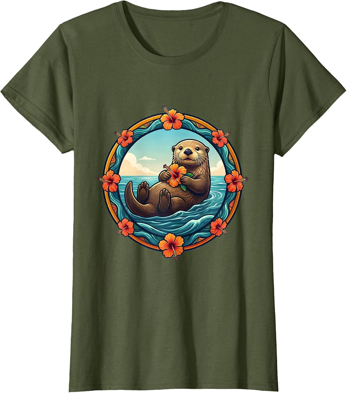 Women's Kids Hawaiian Sea Otter Hibiscus Flower Design T-Shirt - Olive Green