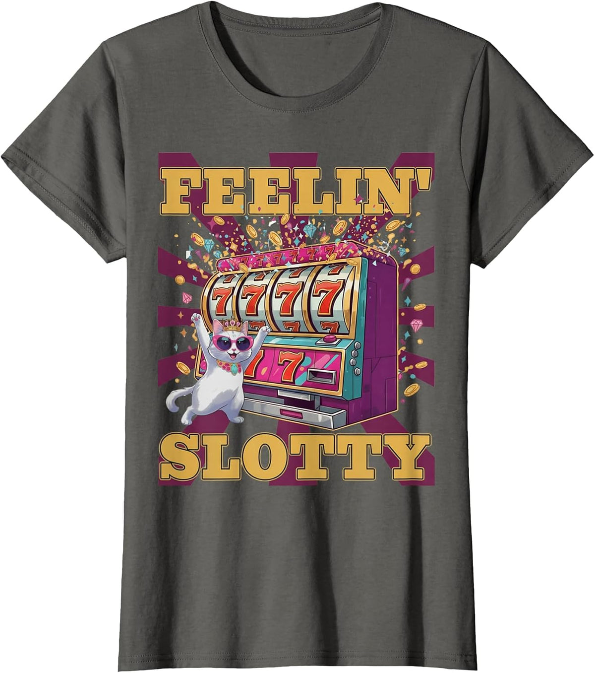 Feeling Slotty – Funny Casino Cat Slot Machine Lucky Jackpot T-Shirt - Asphalt Grey
