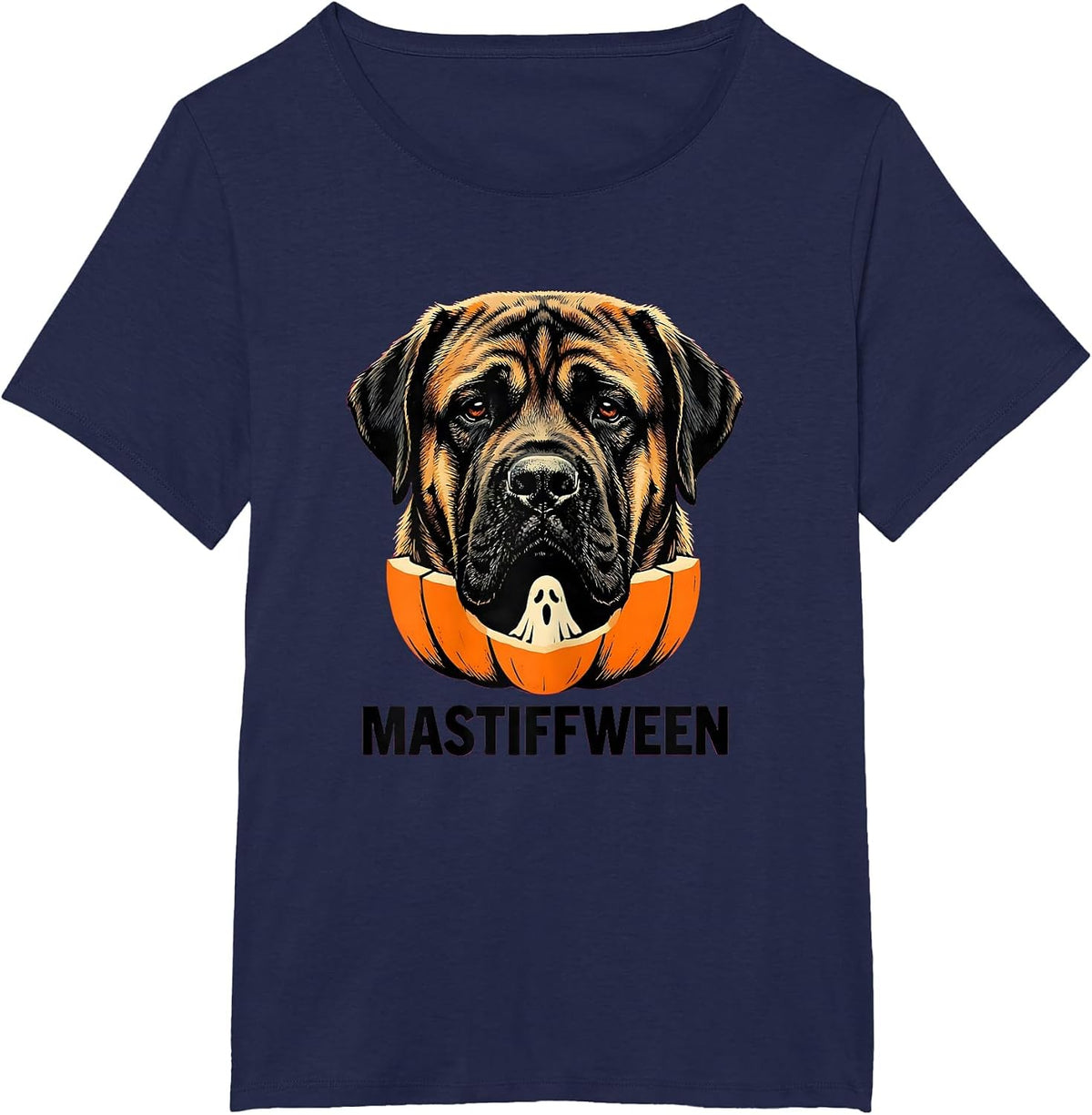 Women's Mastiffween Stencil Graphic Mastiff Dog Halloween Humor T-Shirt - Navy Blue