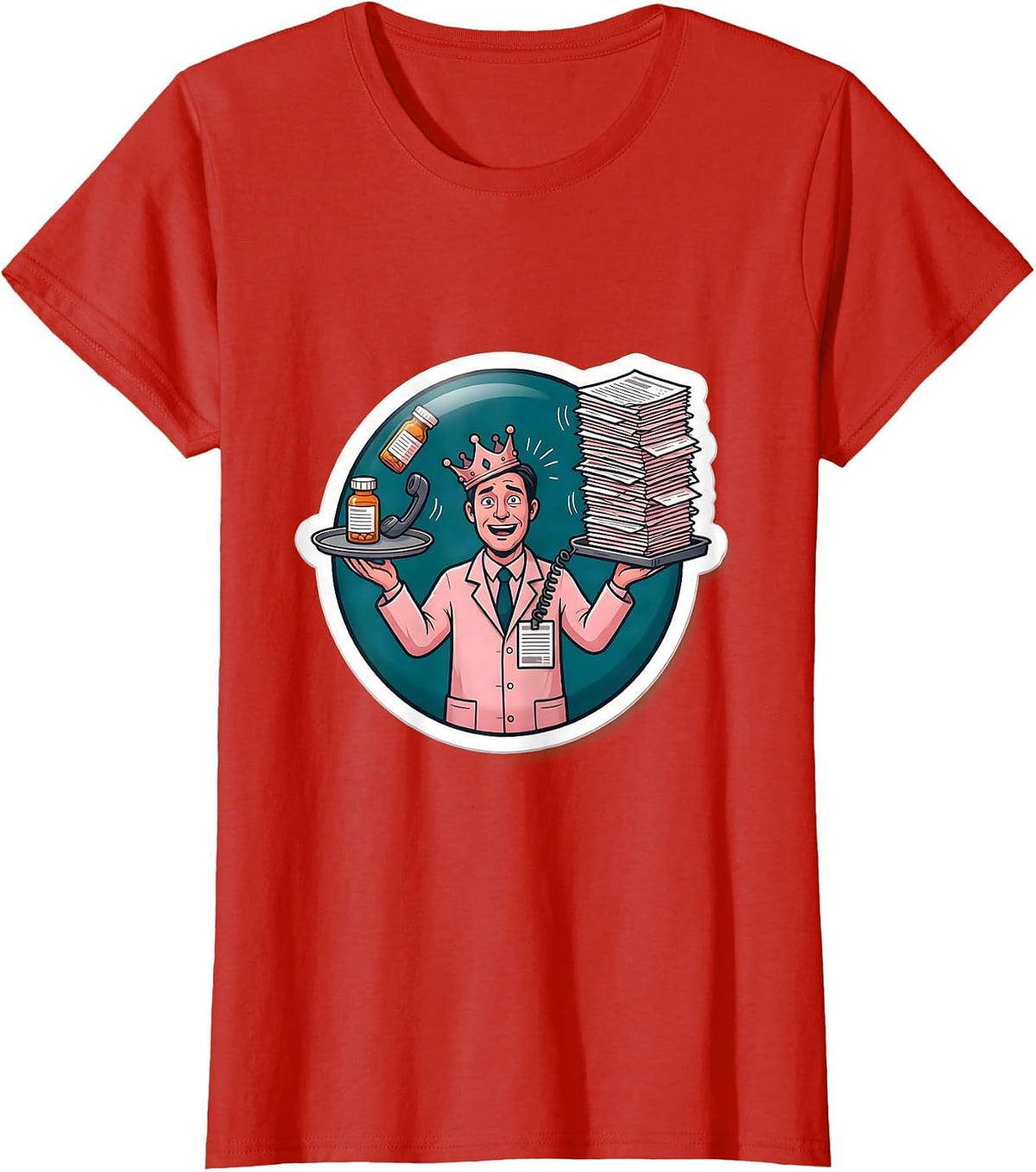 Pharmacy Tech Badge Humor Sticker Style T-Shirt - Red
