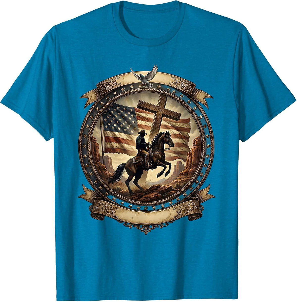 Cowboy Riding Horse Through Dusty Canyon T-Shirt - Sapphire Blue