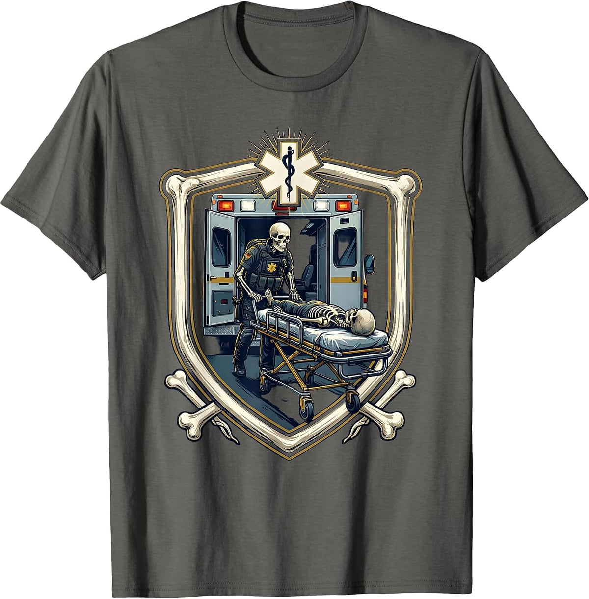 Skeleton Paramedic Ambulance Gurney Loading EMT T-Shirt - Asphalt Grey