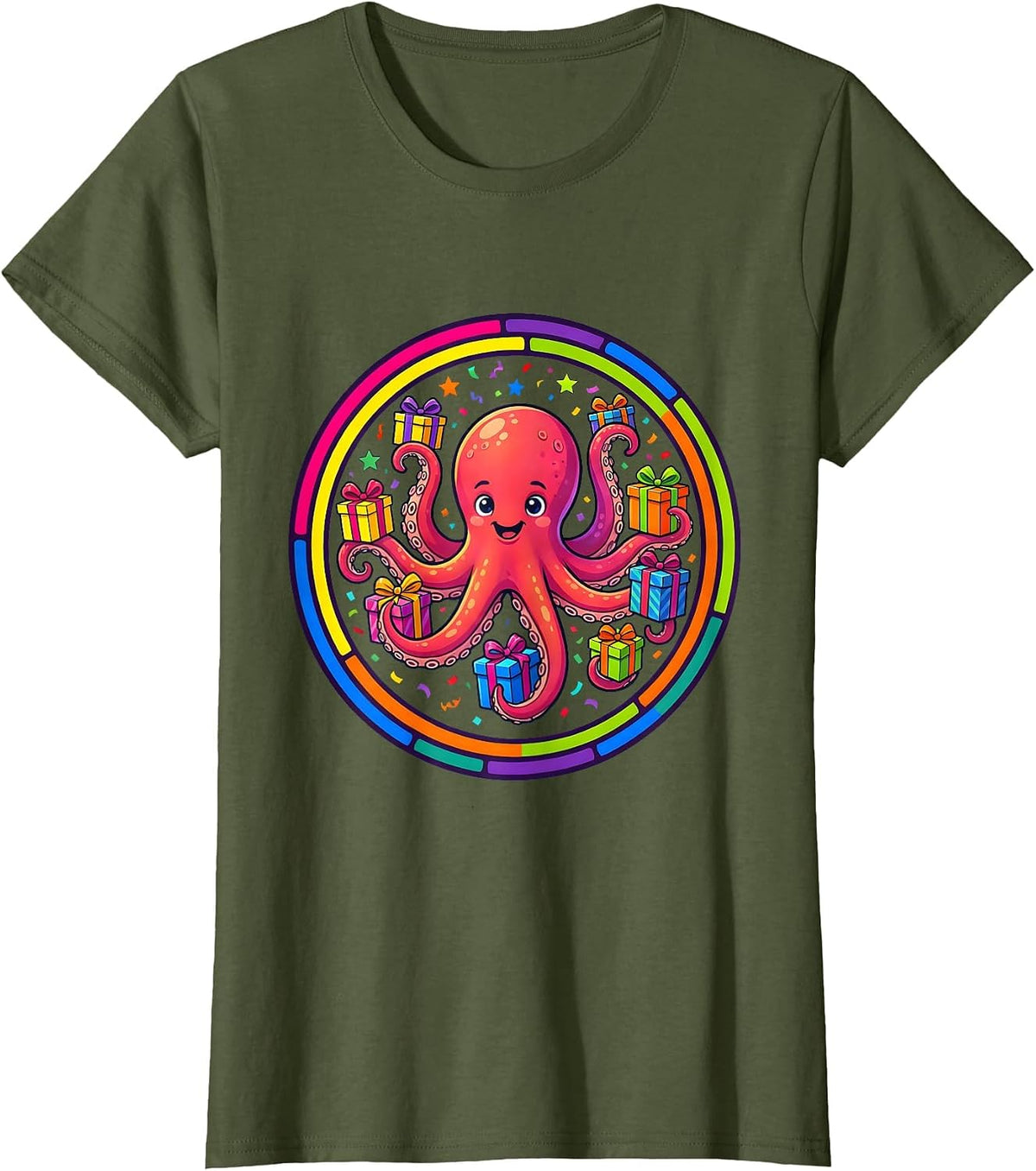 Women's Octopus Birthday Gift Holder Funny Celebration T-Shirt - Olive Green