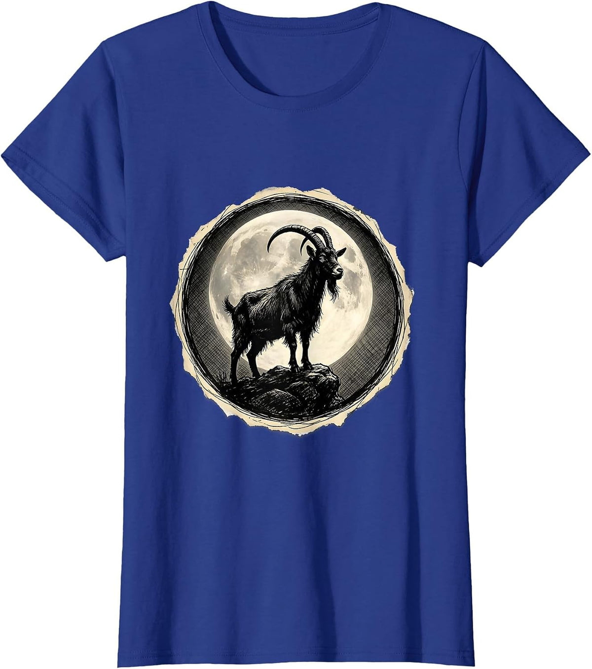 Women's Goat Silhouette Full Moon Night Sky Design T-Shirt - Royal Blue