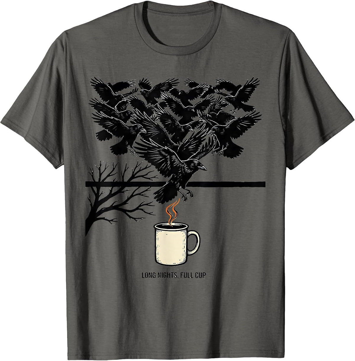 Men's Long Nights, Full Cup Gothic Crow Coffee Halloween Season T-Shirt - Asphalt Grey