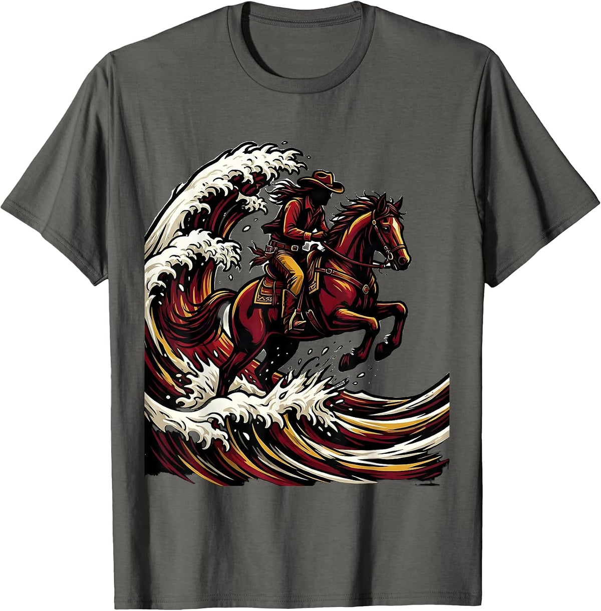 Cowgirl Riding Horse Through Ocean Waves T-Shirt - Asphalt Grey