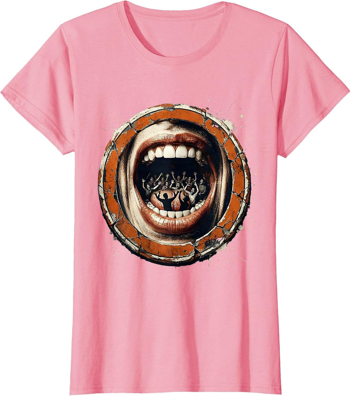 Women's Open Mouth Tiny People Talking Graphic Tee T-Shirt - Pink