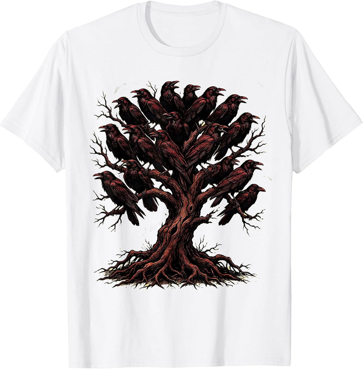 Men's Dead Tree Roosting Crows Dark Nature Illustration T-Shirt - White