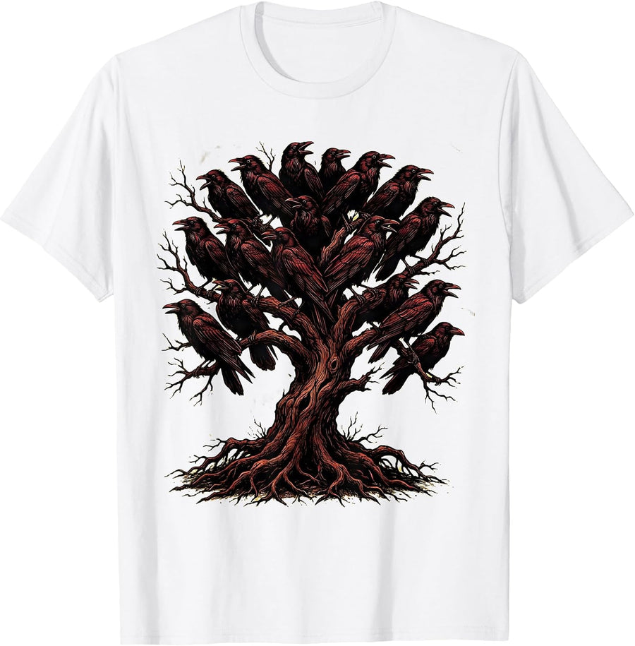 Men's Dead Tree Roosting Crows Dark Nature Illustration T-Shirt - White