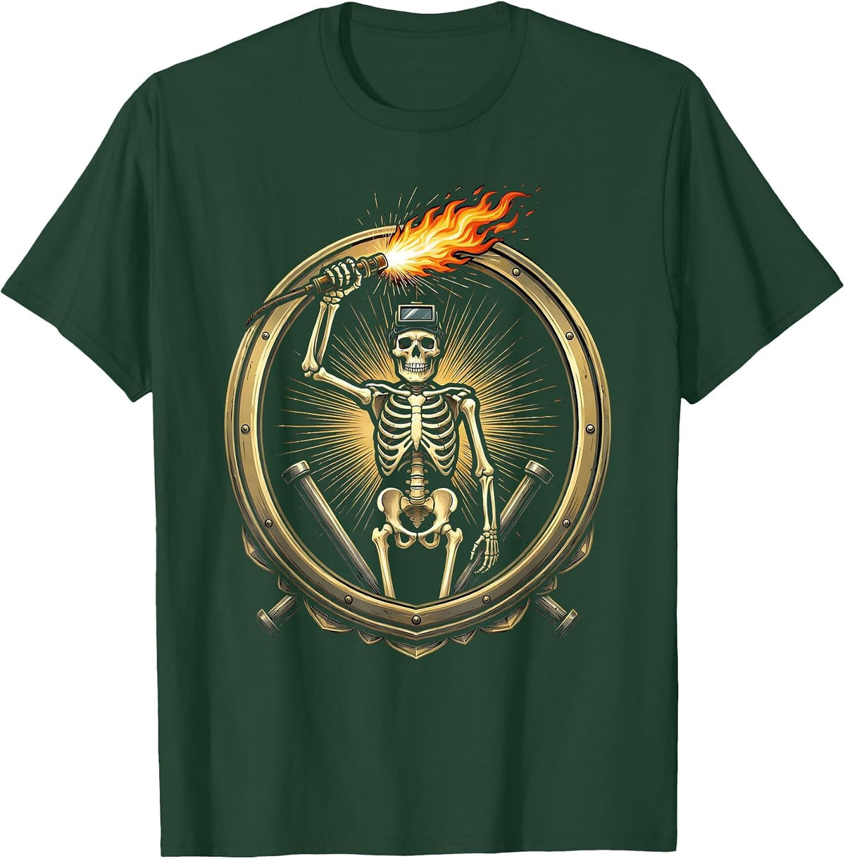 Men's Skeletal Welder Torch Scepter Dark Art Design T-Shirt - Dark Green