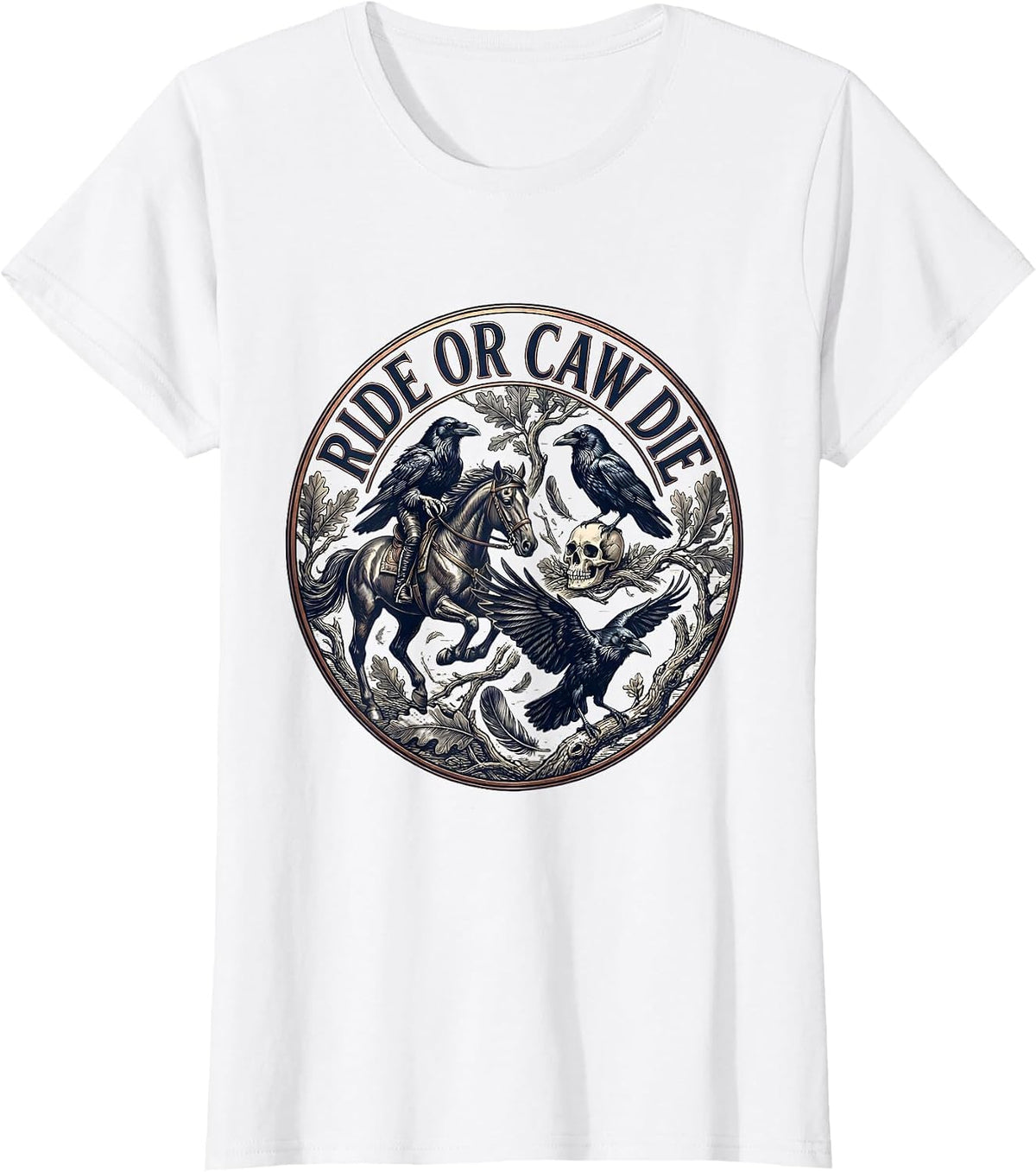 Ride or Caw Die Crow Bird Graphic Design T-Shirt - White