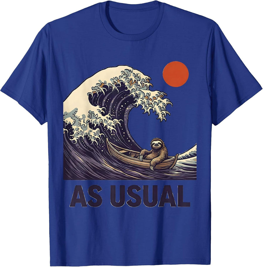 As Usual Funny Sloth Japanese Great Wave Animal Meme T-Shirt - Royal Blue