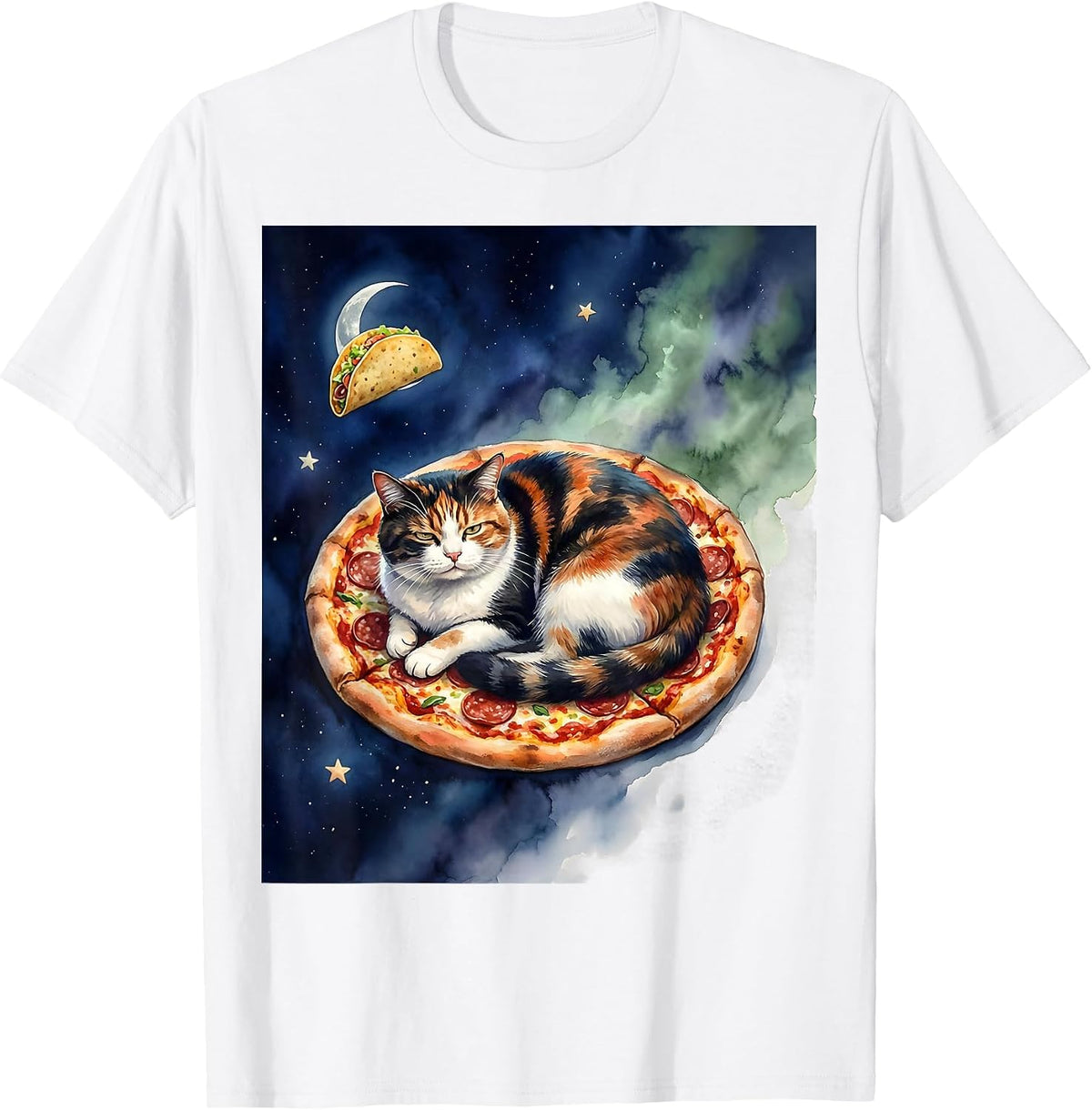 Men's Space Cat Pizza Taco Watercolor Meme Gift T-Shirt - White