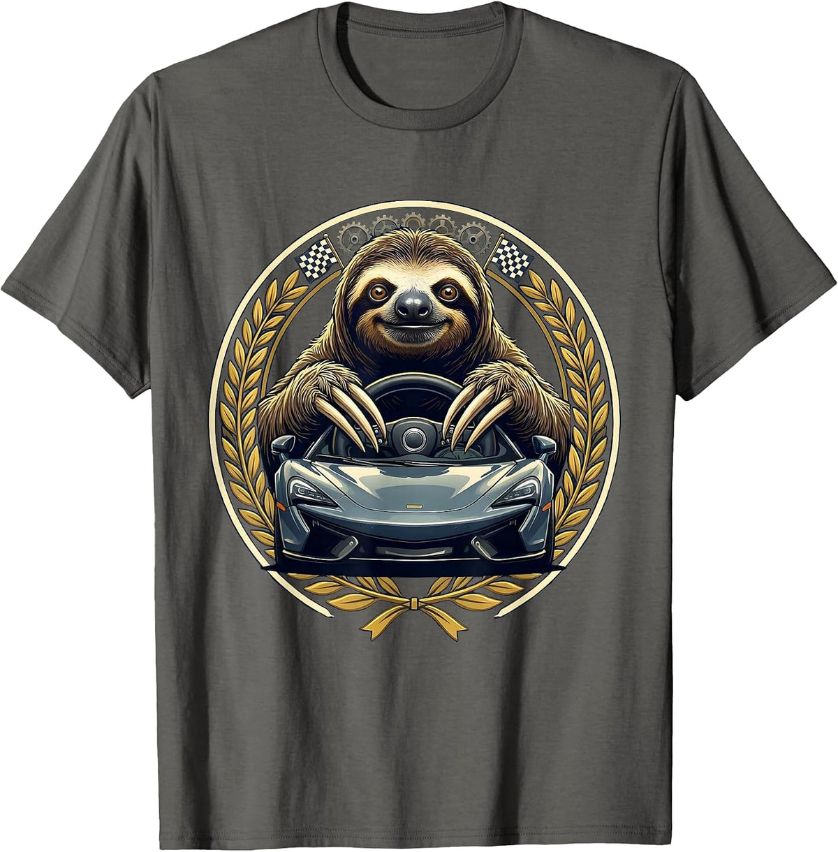 Slow Lane Sloth Sports Car Funny Graphic T-Shirt - Asphalt Grey
