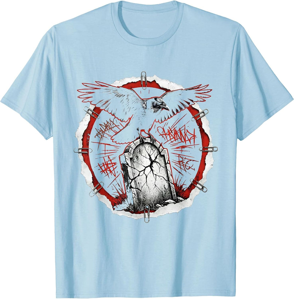 Men's Crow on Crumbling Gravestone Halloween Graphic T-Shirt - Baby Blue