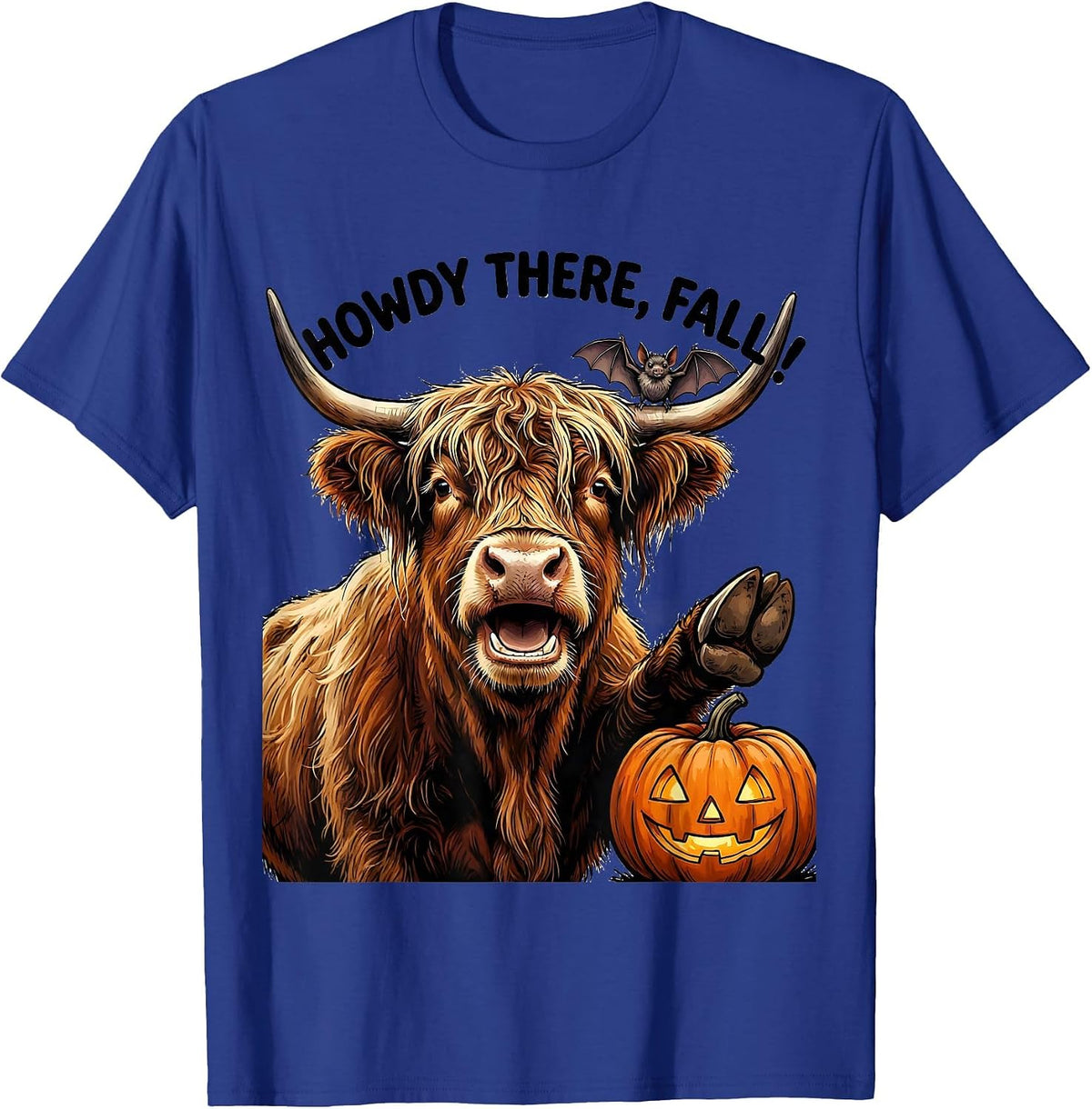 Men's Howdy There, Fall! Whimsical Highland Cow Halloween Pun T-Shirt - Royal Blue