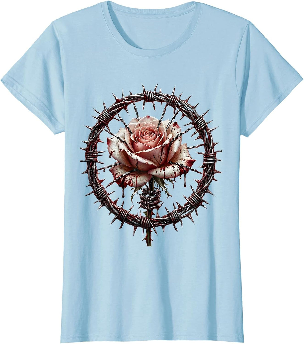 Women's Grunge Barbed Wire Rose Graphic Design T-Shirt - Baby Blue