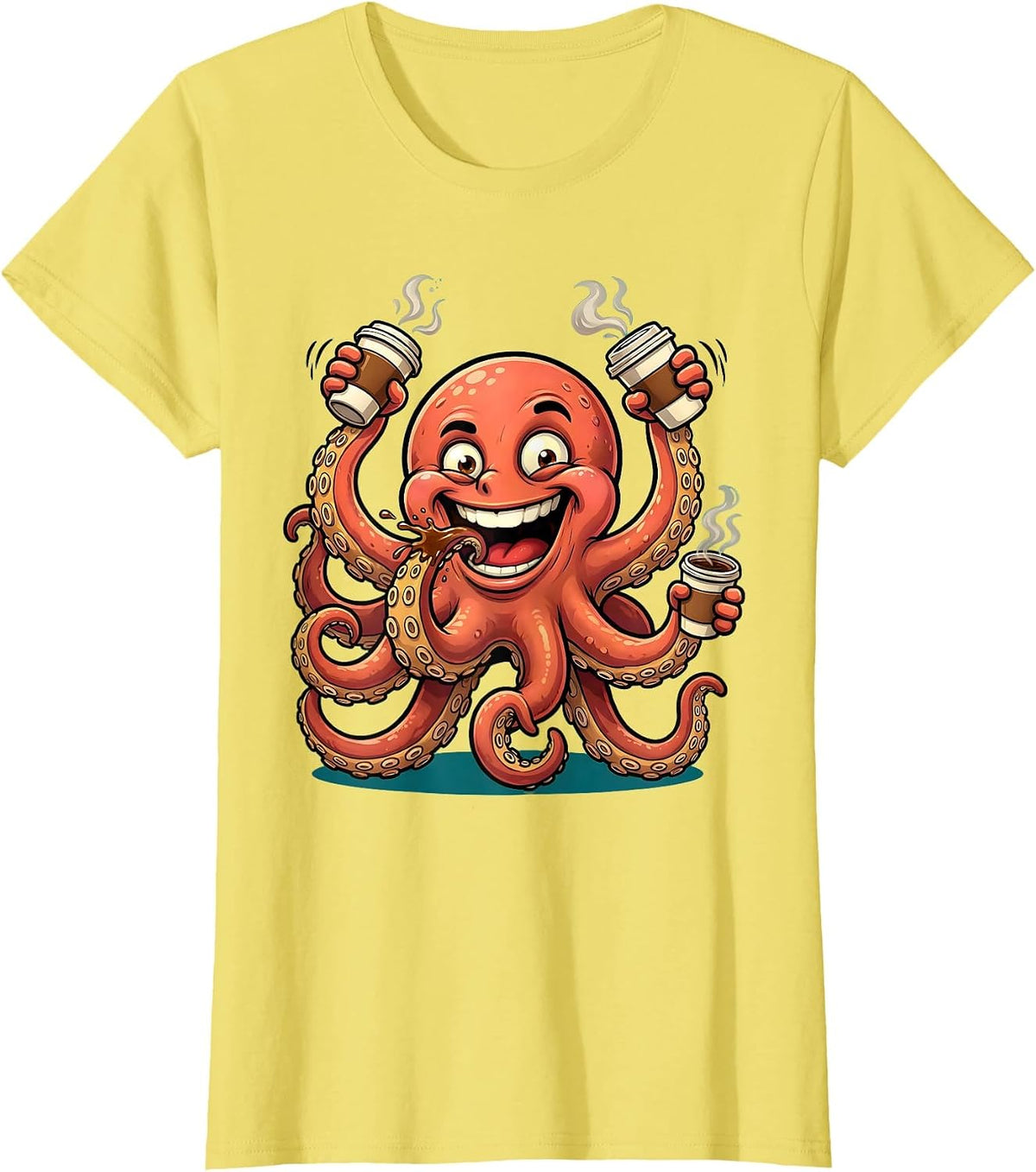Women's Octopus Multitasking With Eight Coffee Cups T-Shirt - Lemon Yellow