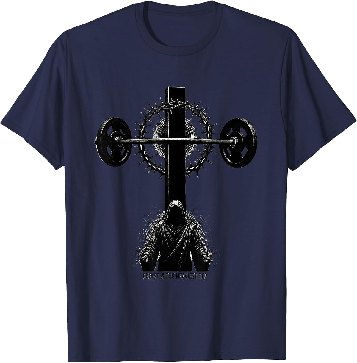 Men's Christ Is The Heaviest Rep Blackwork Dotwork Christian Gym T-Shirt - Navy Blue