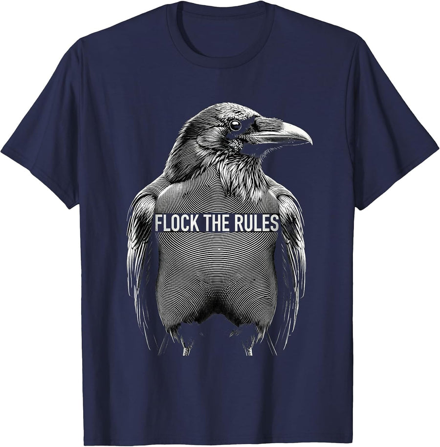 Flock The Rules Bold Crow Graphic Design T-Shirt - Navy Blue