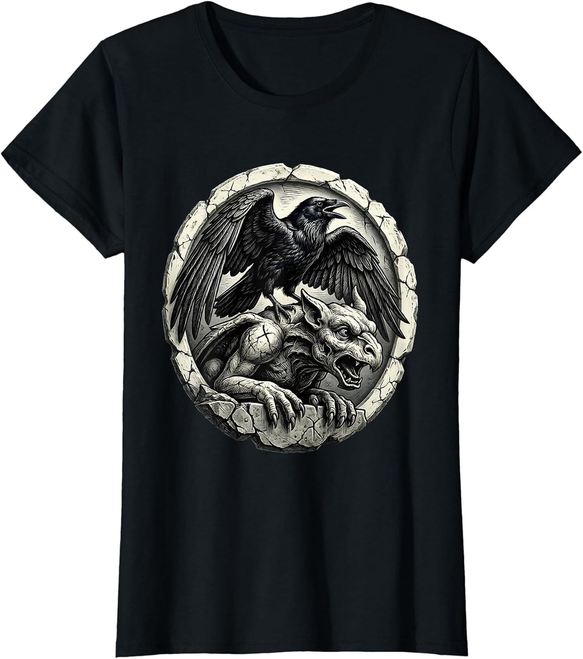 Raven and Gargoyle Gothic Dark Art Design T-Shirt - Black