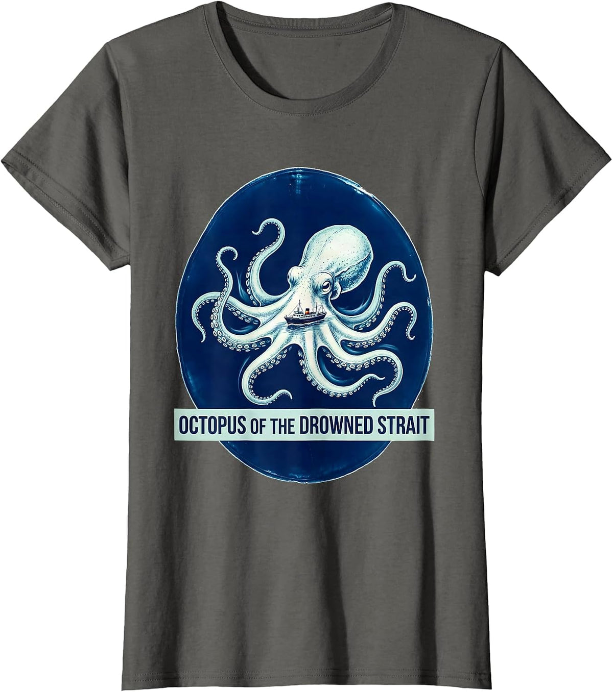 Women's Octopus of the Drowned Strait Cyanotype Ocean Animal Art T-Shirt - Asphalt Grey