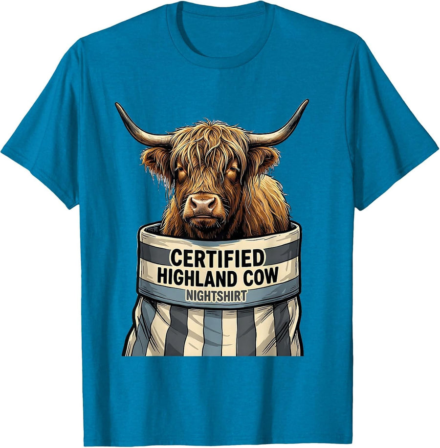 Certified Highland Cow Nightshirt Funny Cozy Pajama T-Shirt - Sapphire Blue