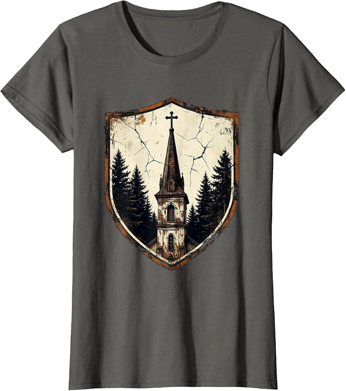 Women's God Family Country Old Church Steeple Design T-Shirt - Asphalt Grey