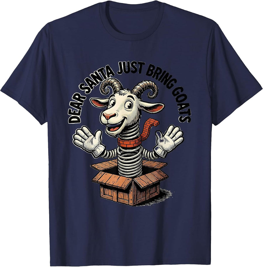 Dear Santa Just Bring Goats Retro Cartoon Funny Goat Lover T-Shirt - Navy Blue