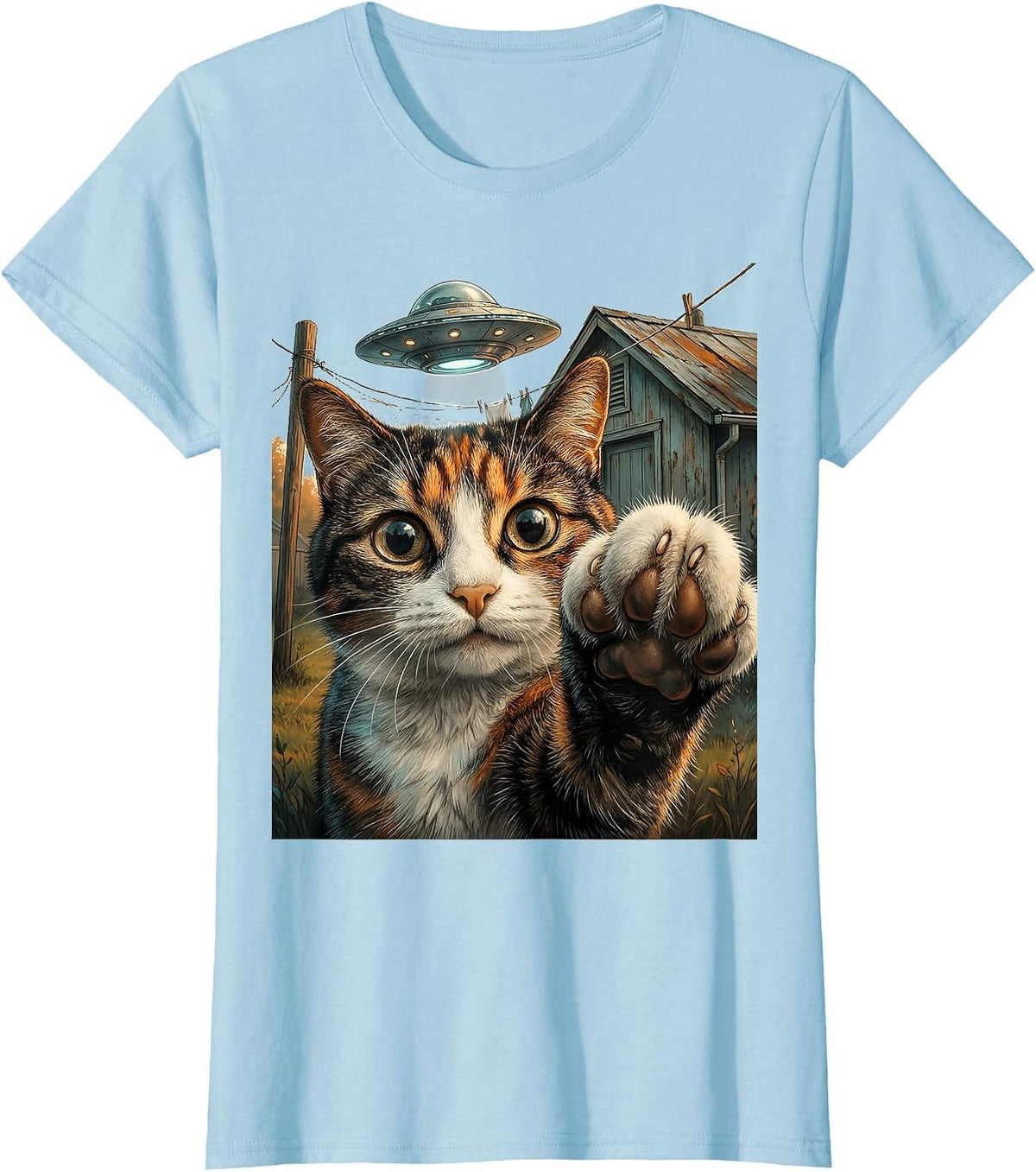 Startled Cat UFO Selfie Funny Cat Lover Gift T-Shirt - Baby Blue