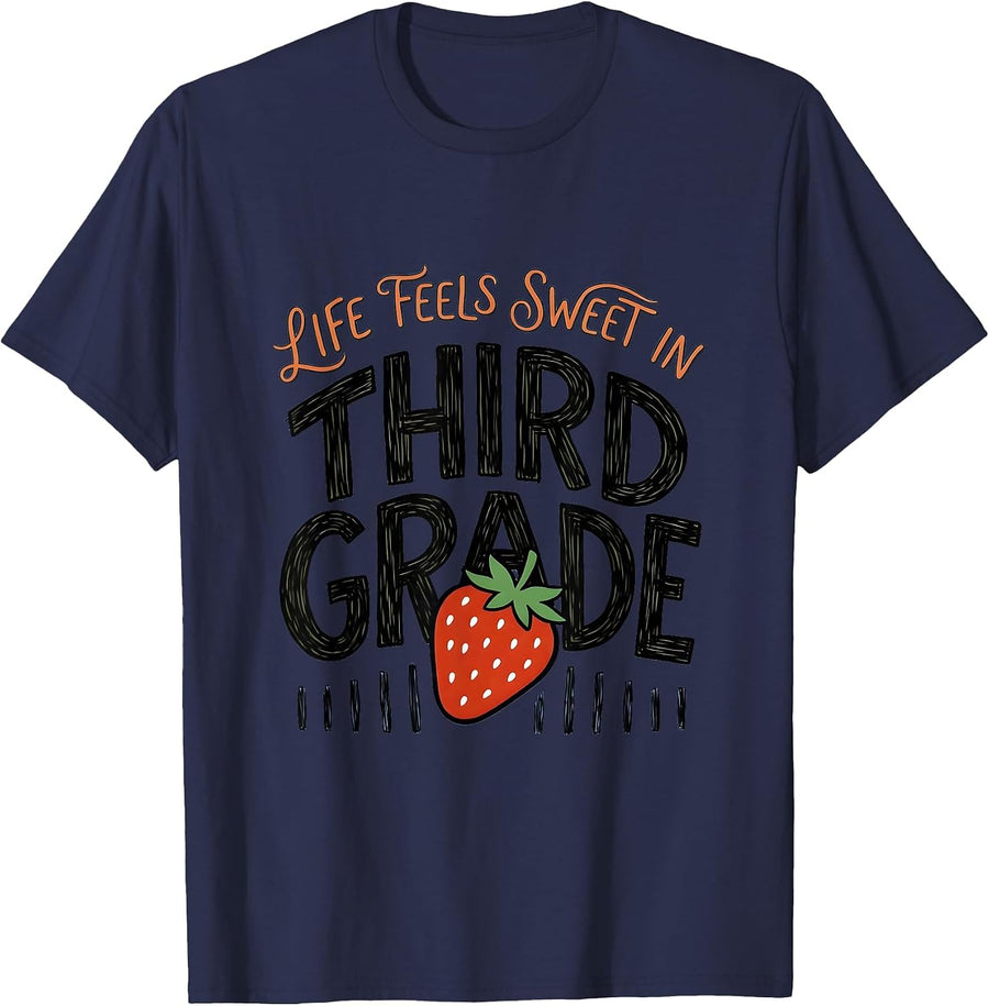Life Feels Sweet In Third Grade Strawberry Teacher Back T-Shirt - Navy Blue