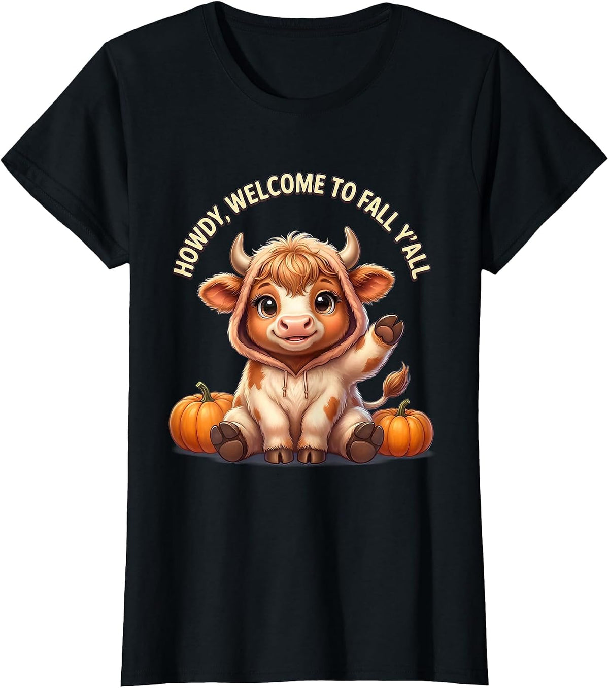 Women's Howdy, Welcome To Fall Y'All Cute Kawaii Highland Cow T-Shirt - Black