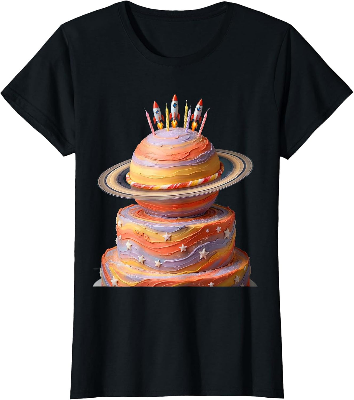 Birthday Cake Planet Outer Space Celebration Graphic T-Shirt - Black
