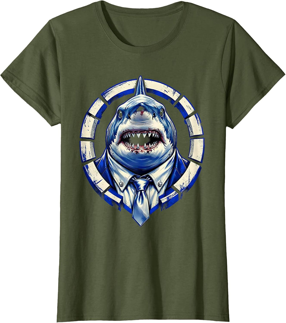 Women's Shark Boss Necktie Cufflinks Graphic Design T-Shirt - Olive Green