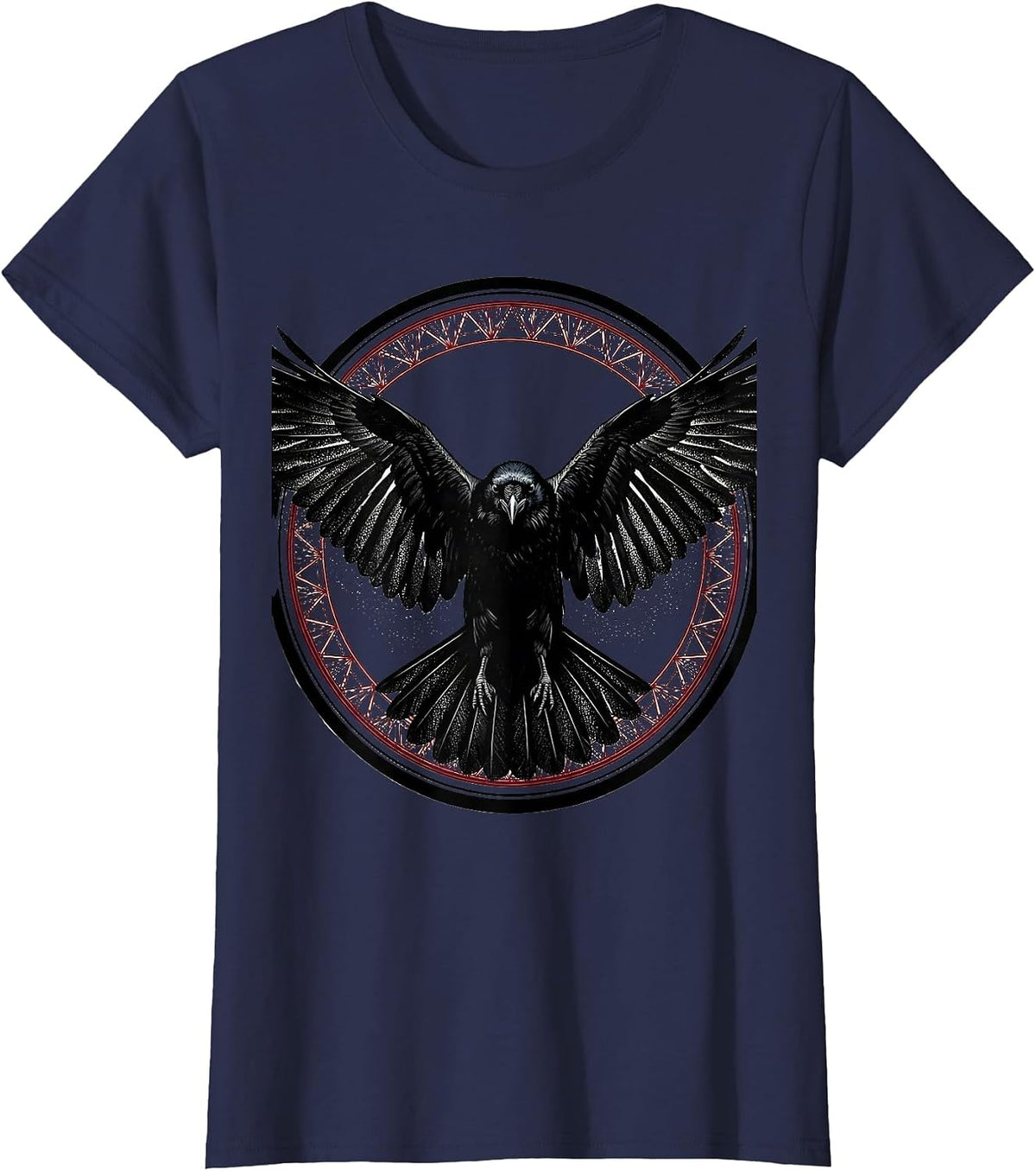 Women's Crow In Flight Spread Wings Bird Art Design T-Shirt - Navy Blue