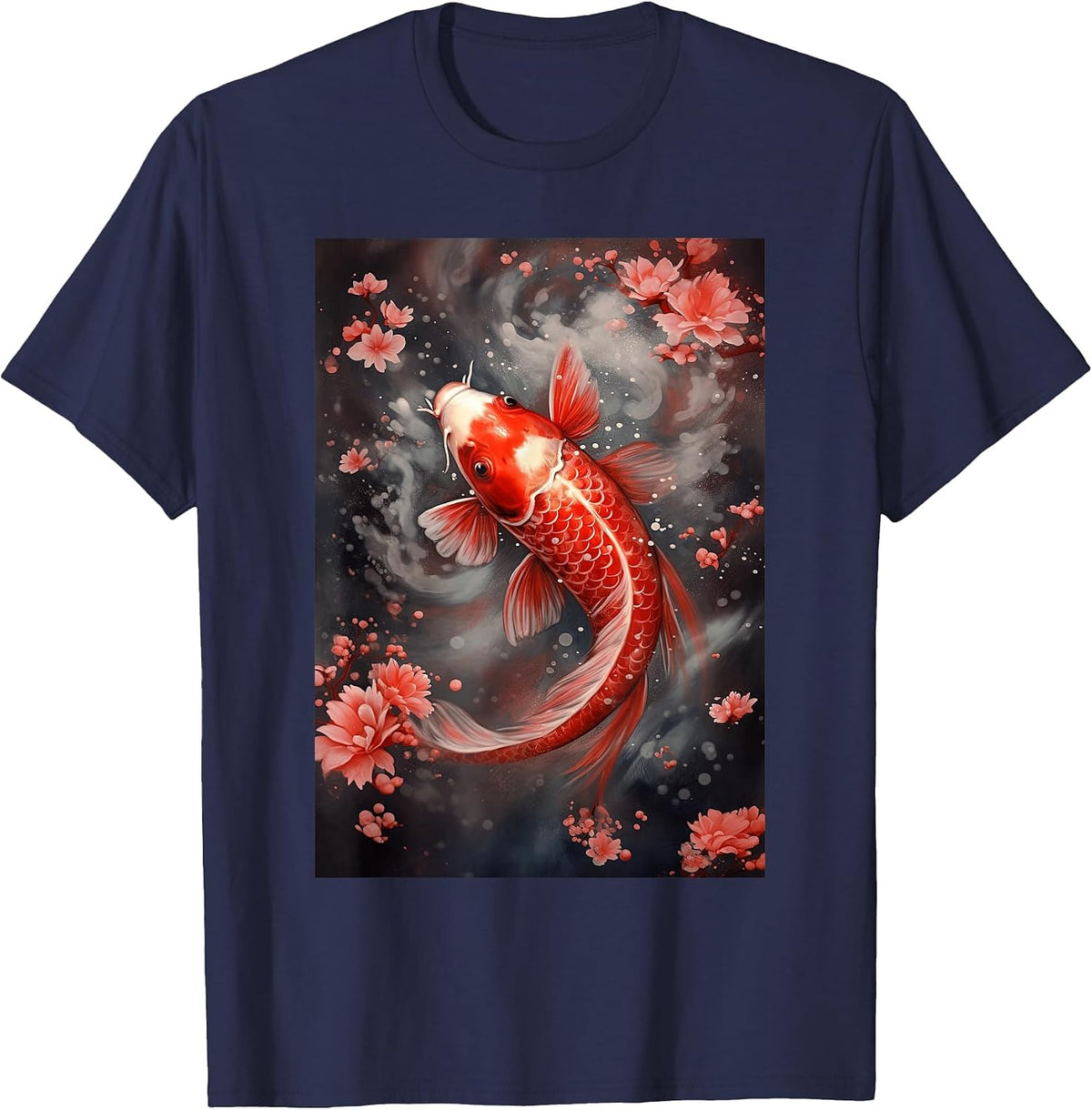 Koi Fish Japanese Cherry Blossom Nishikigoi Art T-Shirt - Navy Blue