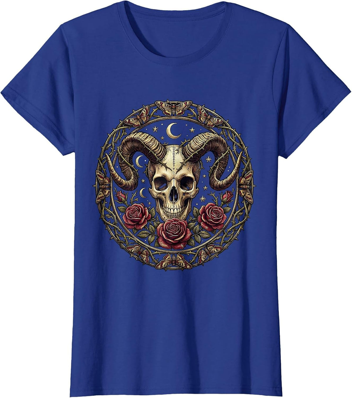 Women's Skull Ram Horns and Roses Gothic Dark Art Design T-Shirt - Royal Blue