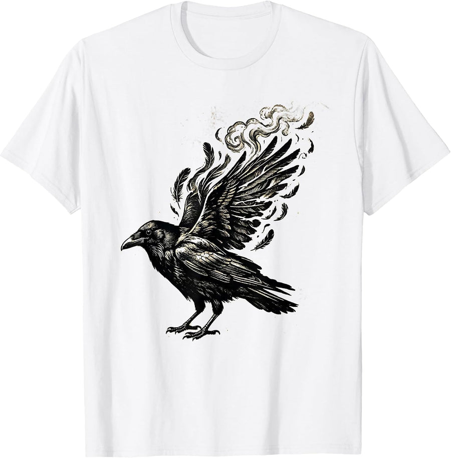 Men's Crow Dissolving Into Coffee Steam Art Design T-Shirt - White