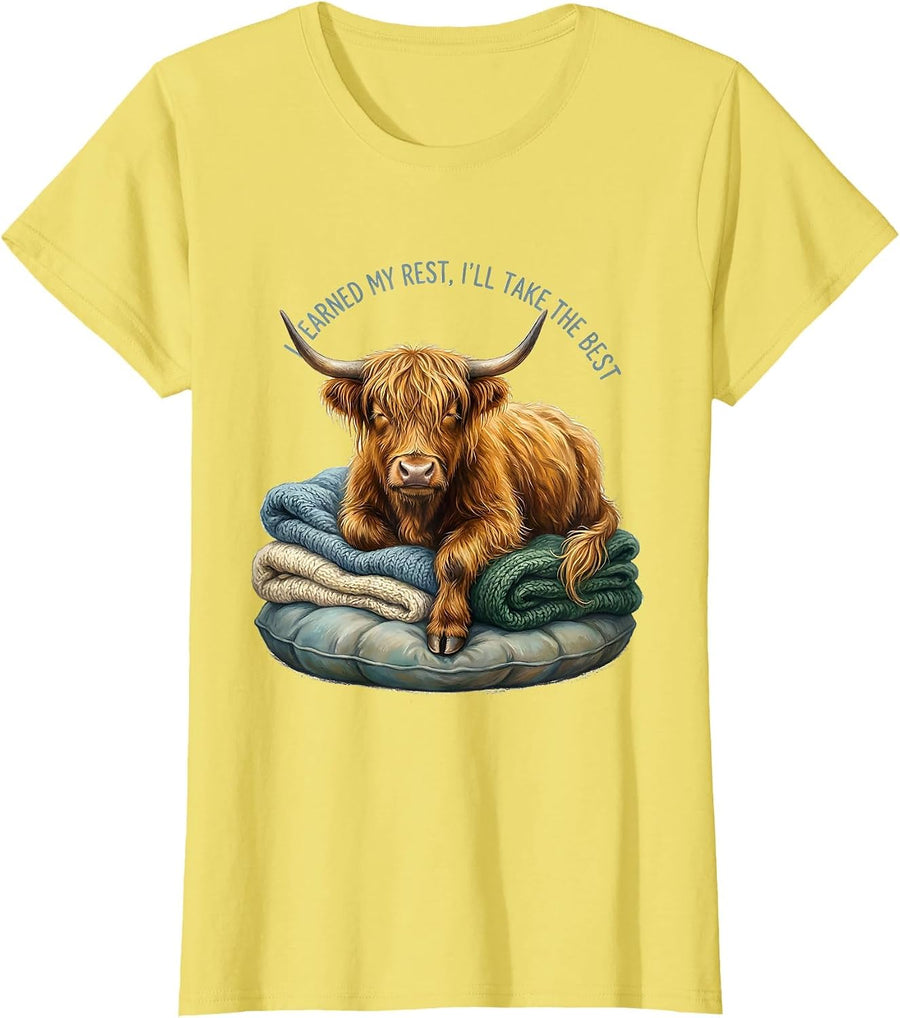 Women's I Earned My Rest, I'll Take The Best Cozy Highland Cow T-Shirt - Lemon Yellow