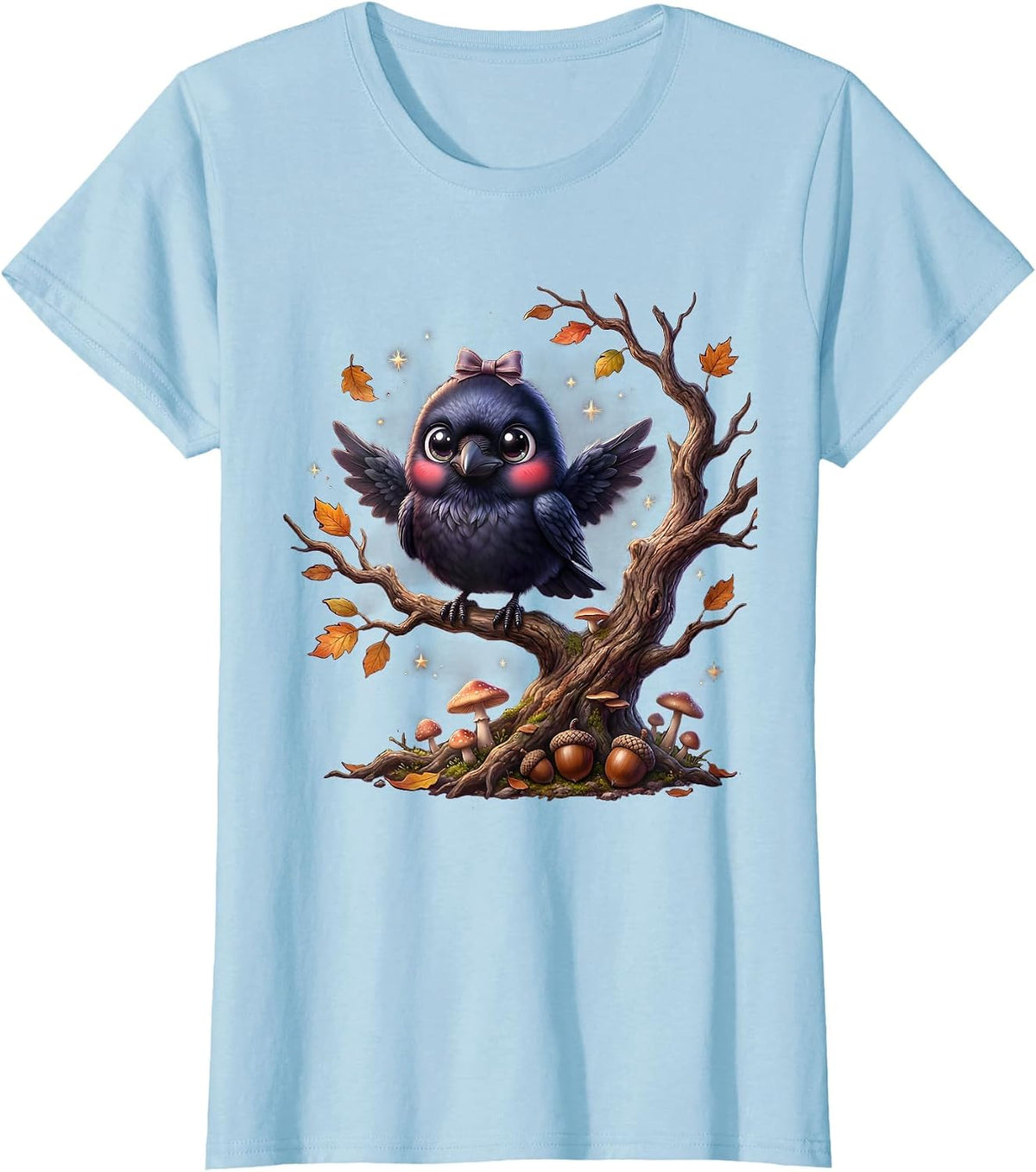 Raven on Autumn Branch Halloween Graphic T-Shirt - Baby Blue