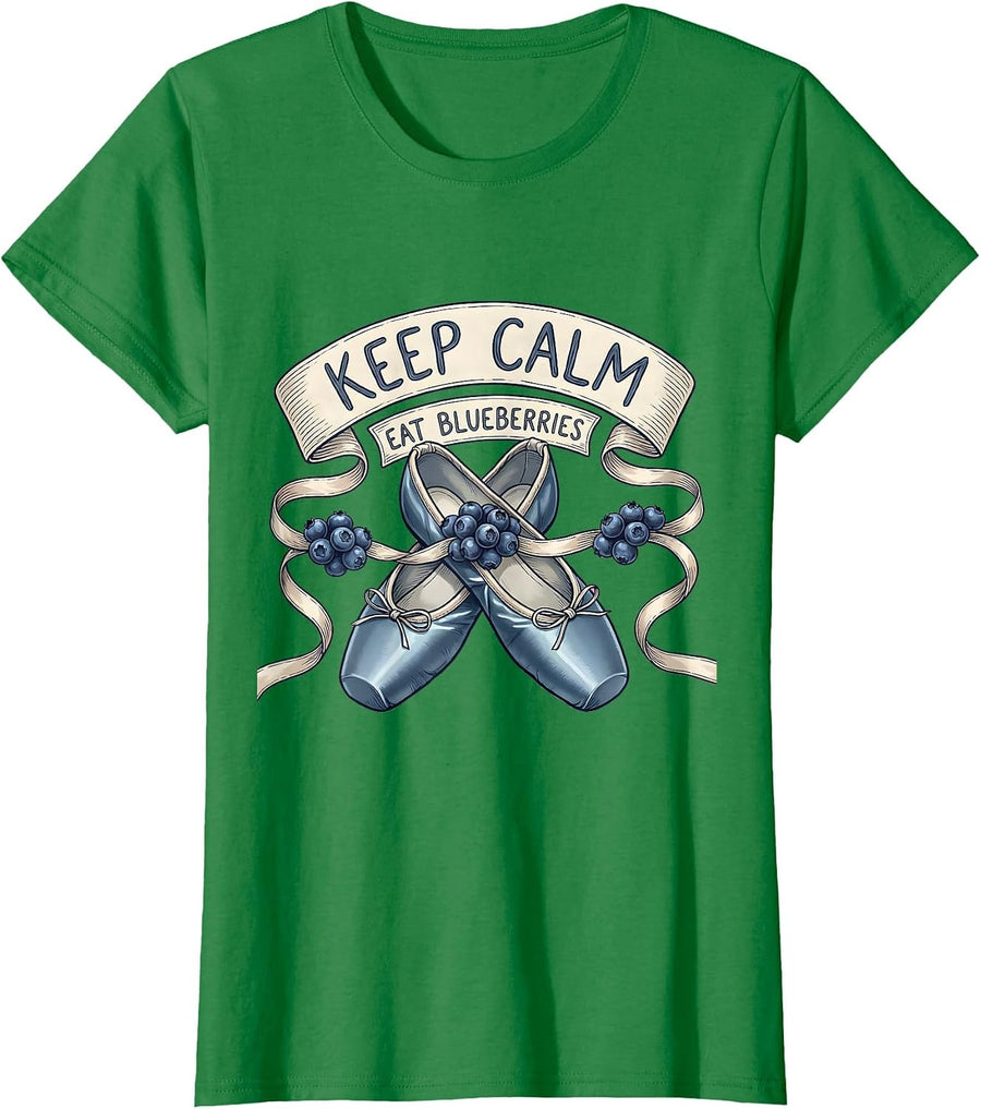 Women's Keep Calm Eat Blueberries Red White and Blue Design T-Shirt - Kelly Green