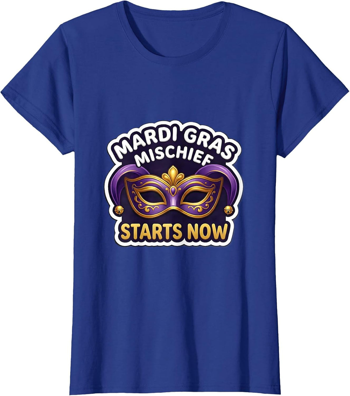 Women's Mardi Gras Mischief Starts Now Jester Mask Carnival Party T-Shirt - Royal Blue