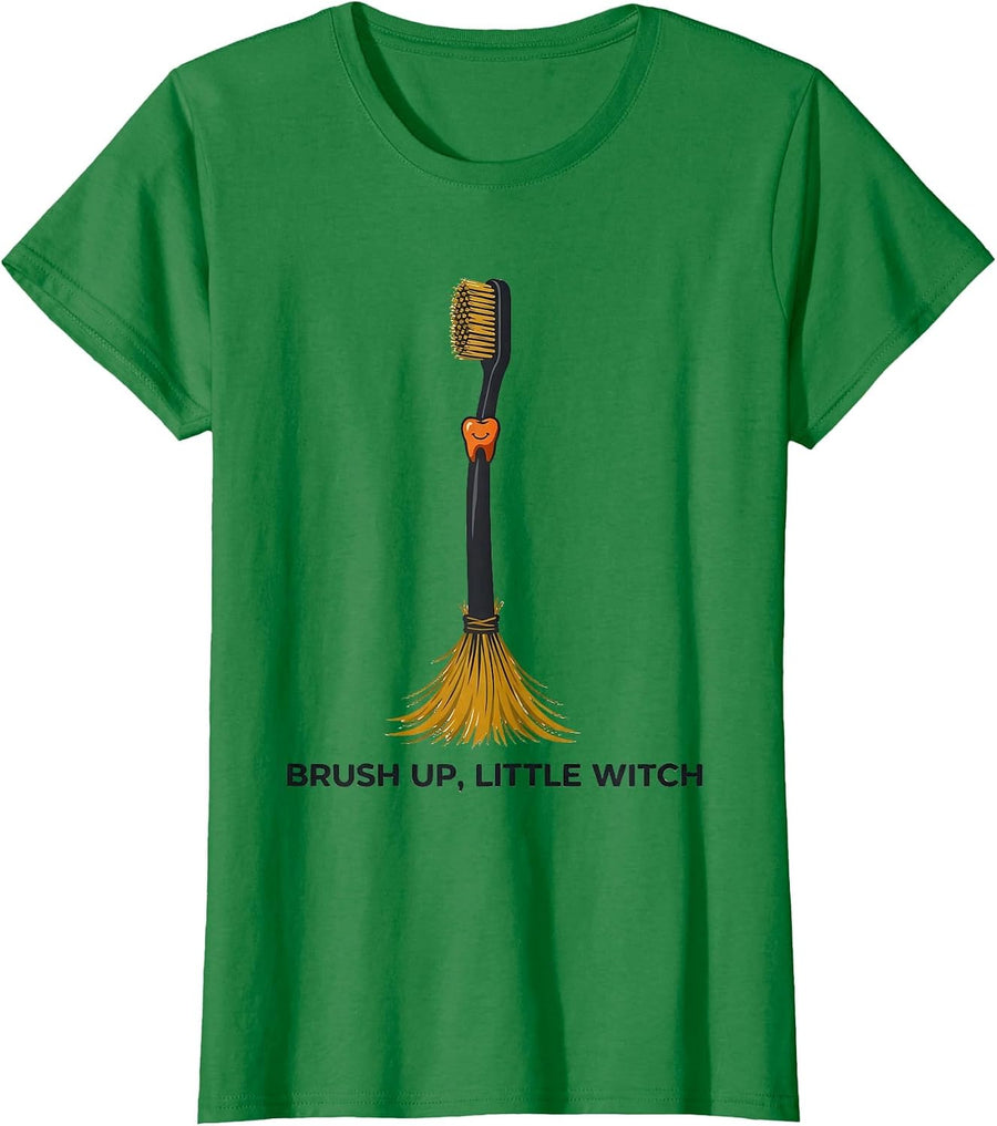 Women's Brush Up, Little Witch Funny Dental Halloween Costume T-Shirt - Kelly Green